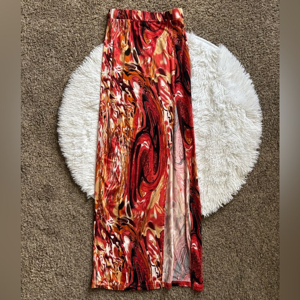 SHEIN Skirt High Front Slit Abstract Lightweight‎ Elastic Waist Multicolor XS